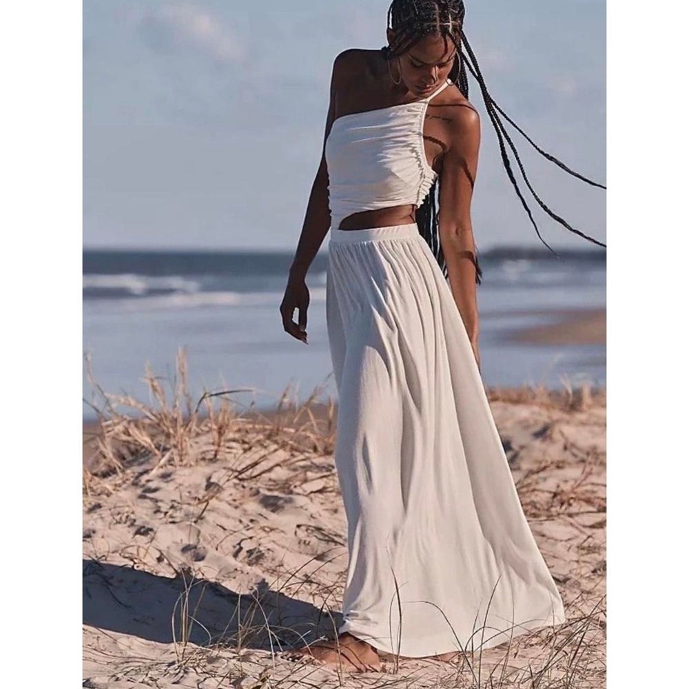 Free People White One-Shoulder Cutout Maxi Dress | Boho Beach Vacation   XS